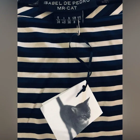 Isabel de Pedro Mr. Cat Collection Long Sleeve Striped Top Blouse Boat Neck Blue - Picture 3 of 3